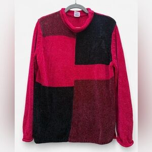 Premier Y2K Colorblock Knit Sweater Size L Red Black Patchwork 90s Artsy Indie